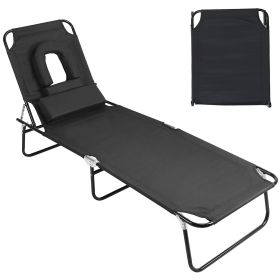 1Pc Folding Beach Lounge Chair Face Down Tanning Chaise Sunbathing Recliner 265LBS Max Load With 5-Angle Backrest 3 Removable Pillows For Beach P (Color: Black)