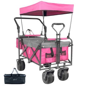 Collapsible Wagon 140L Wagons Carts Foldable With Removable Canopy, Folding Wagon Cart With Wheels For All-Terrain With Brake, Foldable Wagon Wit (Color: PINK)